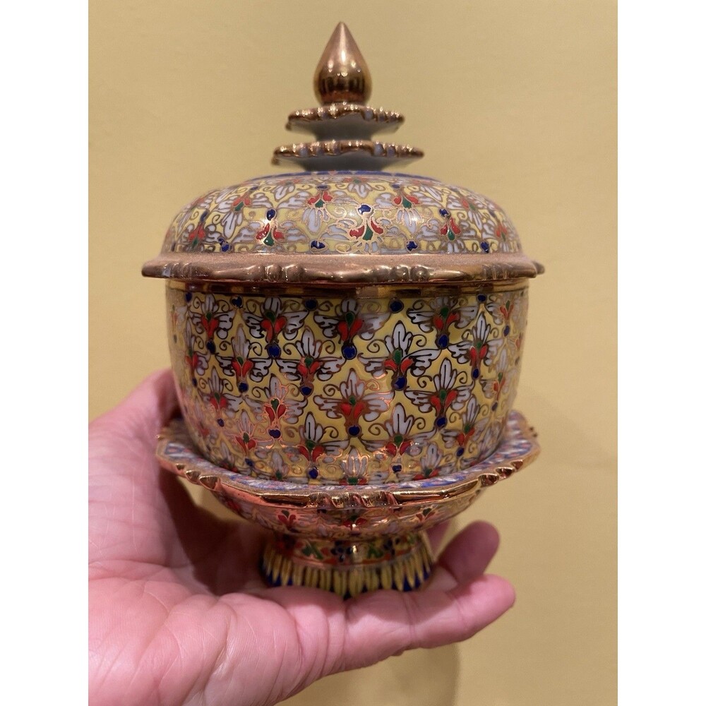 Benjarong Lidded Jar Bowl with Saucer - Thai Porcelain Hand Painted Gold Trim